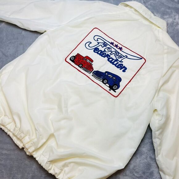 Vintage Ford Federation Windbreaker Jacket Mens L White Nylon Lined Snap Front - Picture 1 of 10